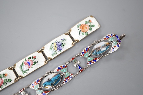 A Norwegian sterling and enamel floral bracelet, 16cm and one other 800 white metal and enamel bracelet, 19cm.